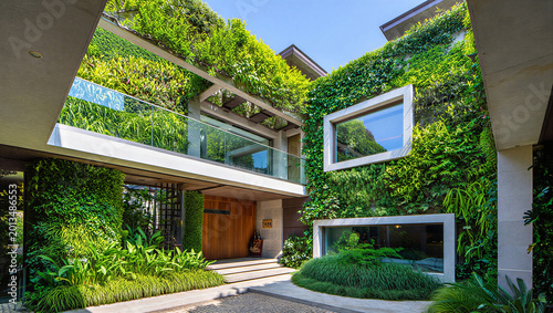 Konstfotografi Modern luxury house with lush green vertical gardens and natural wood entrance g