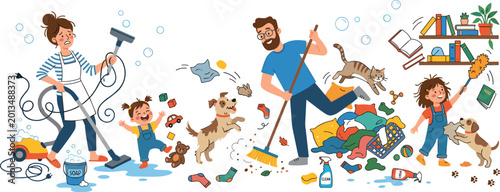 Фотография Busy parents cleaning messy house vector illustration with children pets clutter