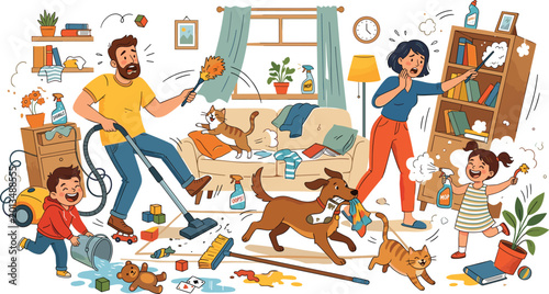 Obraz na plátně Chaotic family cleaning scene vector illustration with kids pets mess and busy h