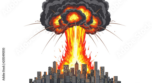 Canvastavla Massive City Explosion, Fireball and Smoke Cloud Over Skyline