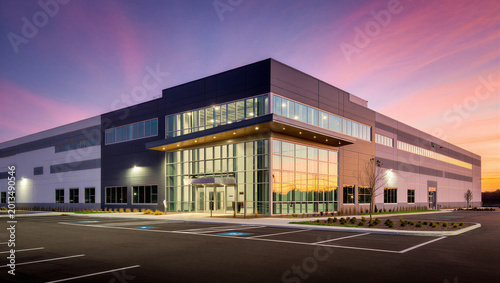 Foto Contemporary industrial building entrance at dusk with colorful sky real estate