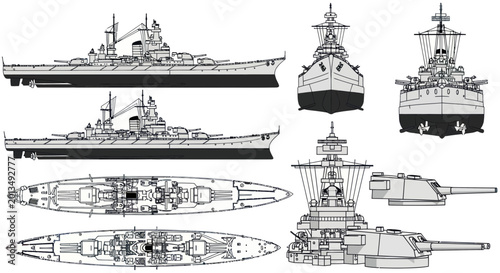 Photos Battleship Blueprint: Side, Top, Front, Rear Views & Turret Detail