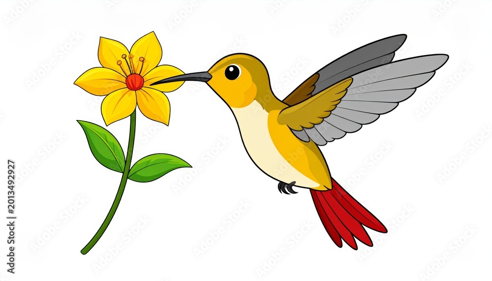 Fototapeta premium A colorful hummingbird approaching a yellow flower.