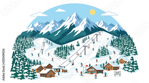 Bild auf Leinwand Snowy Mountain Resort with Ski Lifts.
