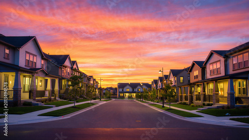 Sunset sky over a quiet residential suburban street with real estate residential area suburban