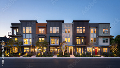Bilde på lerret Stylish modern multi story townhouse complex at dusk with real estate multi fami