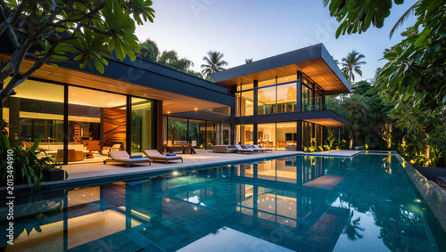 Obraz na plátně Modern luxury villa with infinity swimming pool and palm trees real estate archi