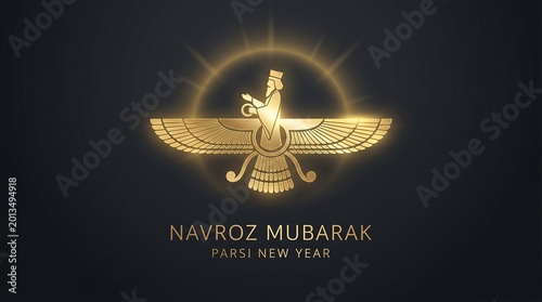 Navroz Mubarak Parsi New Year Golden Faravahar Symbol on Dark Background.