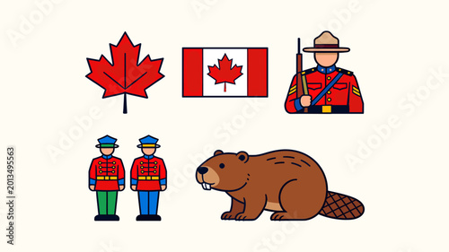 A collection of iconic Canadian symbols including a maple leaf, the Canadian flag, a Royal Canadian Mounted Police officer, two Mounties, and a beaver.