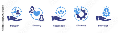 Work culture icon set featuring inclusion,innovation,and sustainability concepts for modern business environment and organizational growth