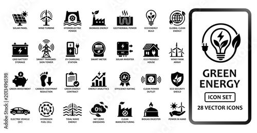 Foto Green Energy and Sustainability solid icon set containing icons for solar panel, wind turbine, hydroelectric power, biomass, geothermal, and smart grid for environmental and ecology projects