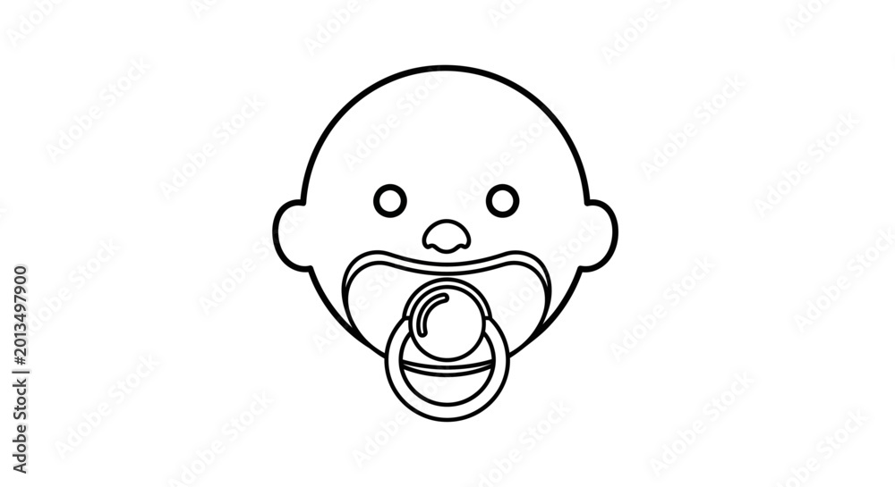 Fototapeta premium A simple line drawing of a baby's face sucking on a pacifier against a clean white background.