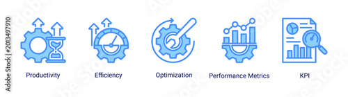 Productivity boost icon set featuring efficiency,optimization,kpi,and performance metrics concepts for business growth and operational improvement