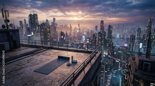 Modern Mindfulness in Quiet Spaces Serene Rooftop Yoga Overlooking a Futuristic Cityscape at Dawn