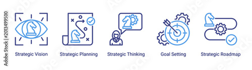 Vision strategy icon set featuring planning,goal setting,roadmap,and strategic thinking concepts for business development and long term success