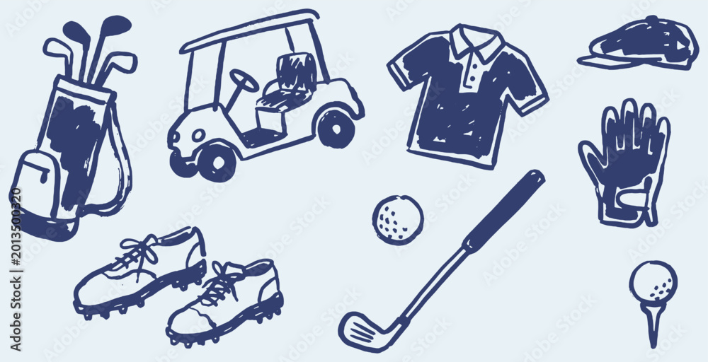 Fototapeta premium Collection of hand-drawn golf equipment icons including a golf bag, cart, shirt, cap, glove, shoes, club, and balls.