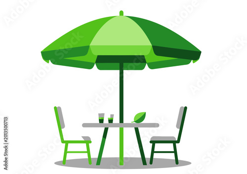 Outdoor cafe table with green umbrella, chairs, and drinks
