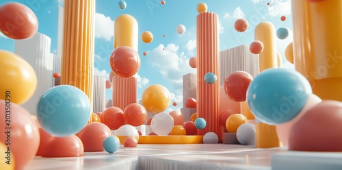 Colorful Geometric Abstract Scene with Tall Cylindrical Columns and Floating Spheres in Bright Sky