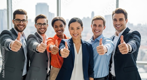 Diverse happy business team giving thumbs up in modern office