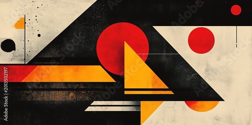 Abstract Geometric Pattern with Red Yellow Black Shapes on Textured Background