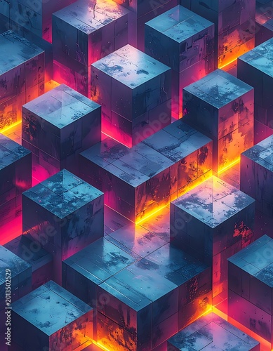 Glowing Neon Blocks in Dark Background.