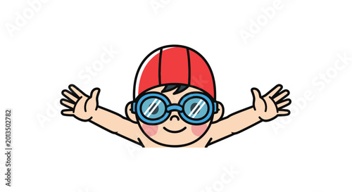 Cartoon boy wearing swimming goggles happily.