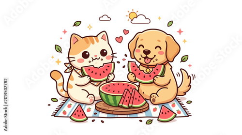 Canvastavla Cartoon cat and dog eating watermelon.