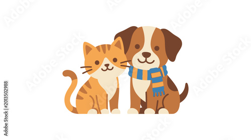 Friendly dog and cat sitting together.