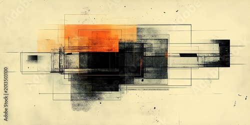 Abstract Geometric Digital Art with Black Orange and Gray Shapes in Minimalist Style