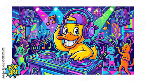 Tableau sur toile Funny DJ Duck Wearing Headphones in Absurd Nightclub Vector Illustration