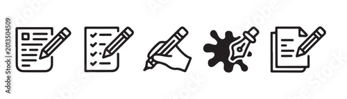 Obraz na płótnie Document, pencil and checklist vector icons, contract and to do list with pen, ink blot symbols