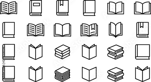 Foto Library and Education Book Icon Set Featuring Open Textbooks, Stacks of Novels,