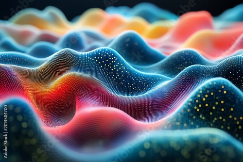 Colorful Digital Abstract Wave Pattern with Vibrant Colors and Glowing Dots for Modern Technology and Science Visuals