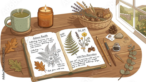 Fotografija Nature journaling desk vector illustration with botanical sketchbook autumn leav