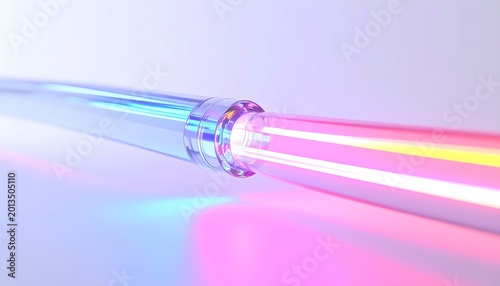 Close-up of a fiber optic cable transmitting light, showcasing the transmission of data through light pulses for telecommunications and technology