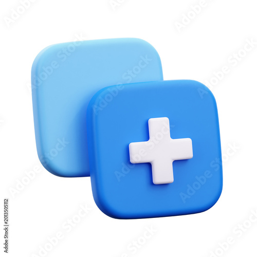 3D plus sign button on blue cube isolated on transparent background