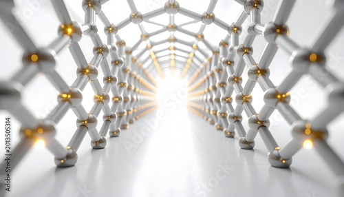Abstract 3D illustration A futuristic molecular lattice tunnel, brightly illuminated, symbolizing scientific discovery, technological innovation, and forward progress