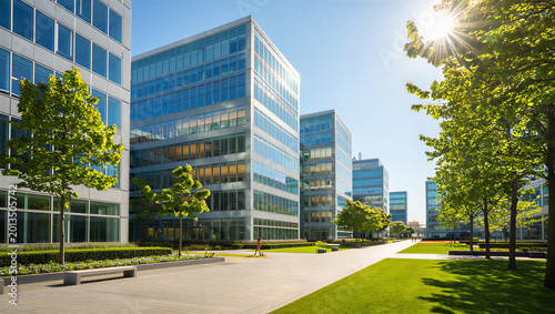 Bild auf Leinwand Modern glass office buildings in business district with green trees and bright s