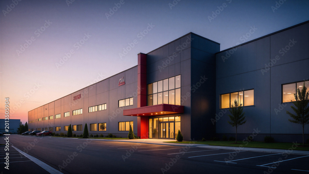 Fototapeta premium Modern industrial building or warehouse exterior with red accents at twilight