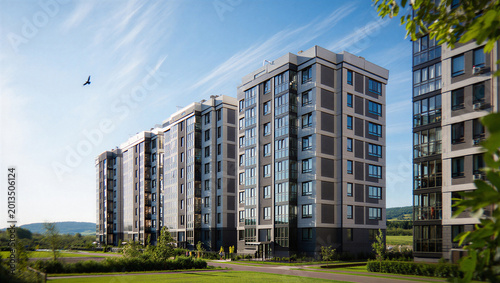 Schilderij op canvas Modern residential apartment complex exterior with multiple building blocks and