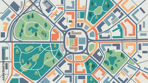Aerial view of a city map with roads and green spaces.