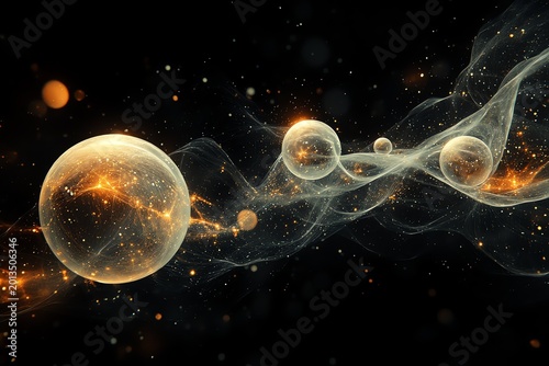 Abstract Cosmic Digital Art with Glowing Spheres and Wispy Light Trails