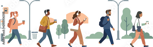 Fotografie People walking outdoors with coffee and smartphones vector illustration for urba