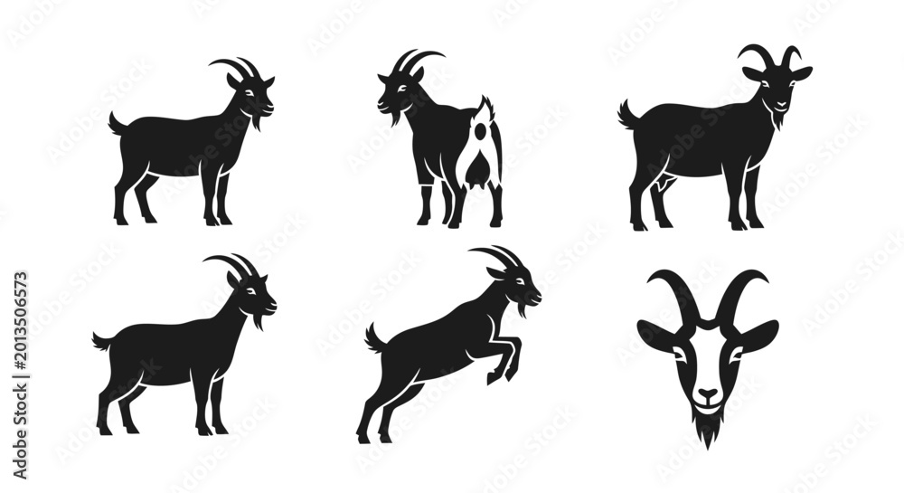 Fototapeta premium Collection of Black Silhouette Vector Icons Representing Goats in Various Poses and Angles