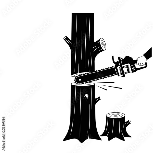 Woodcutter using chainsaw to cut down a tree trunk.