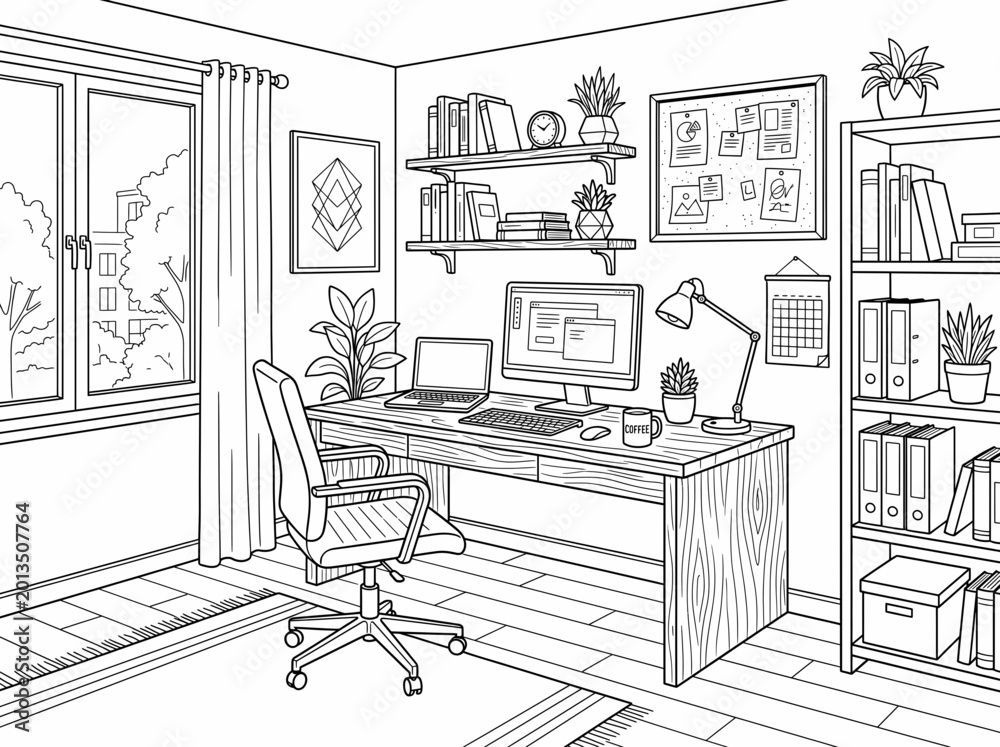 Obraz premium Home office interior line art coloring page with desk and bookshelf