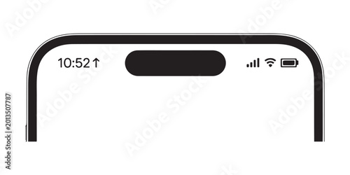 Foto Smart phone top screen notch interface with time and network signal and battery status bar elements