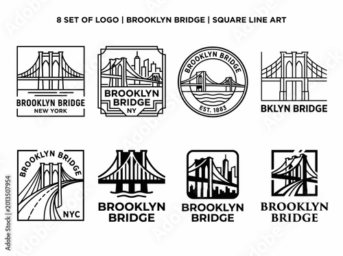 Set of 8 brooklyn bridge logo designs in minimalist square line art style