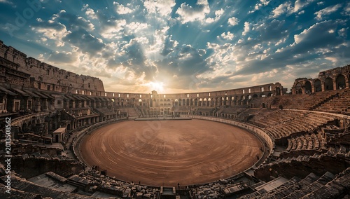 Majestic ancient colosseum arena under a sunset sky with sun rays
