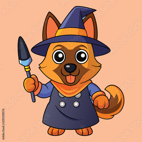 Cute Cartoon Fox Witch Character Holding Magic Wand Vector